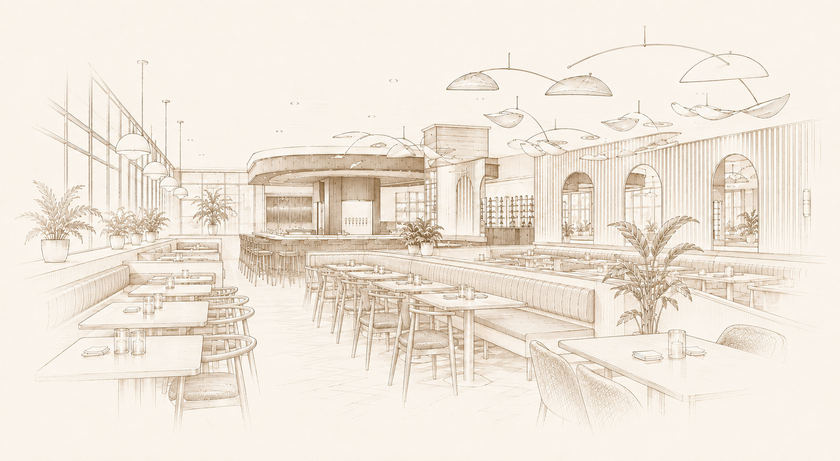 Line illustration of the bar inside AloBar Downtown