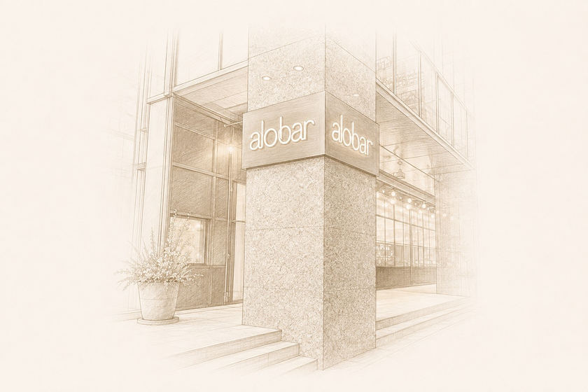 Line illustration of the AloBar signage on the corner at street level